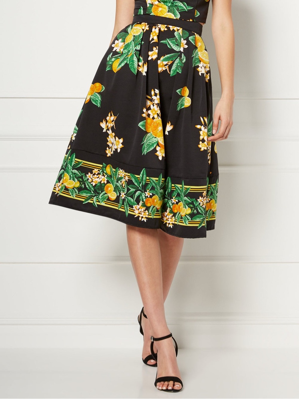 eva mendes for New York & Company Black Midi Skirt with Yellow Citrus Print